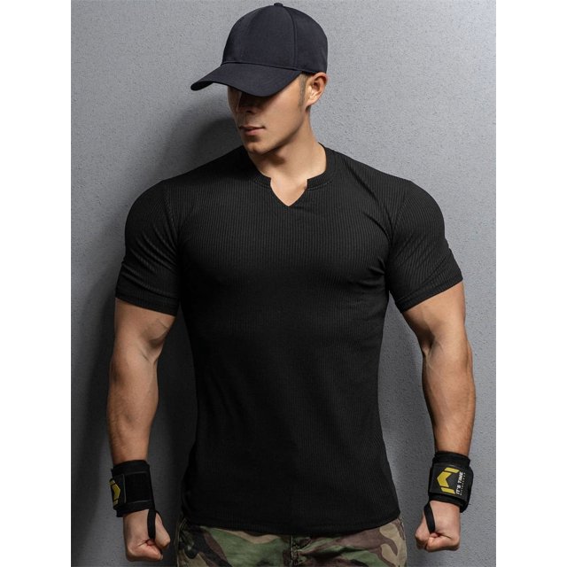 Camiseta de manga corta con cuello en V para hombre, ropa ajustada de algodón, informal, para gimnasio, Fitness, verano, 2024