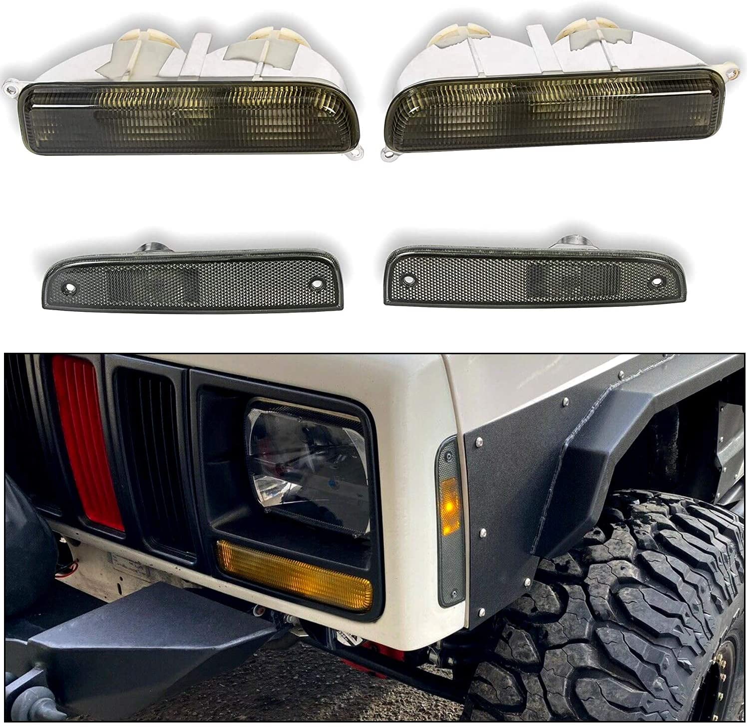ECOTRIC Pair Front Corner Bumper Signal Lights Smoke Lens 4Pcs Compatible with 1997-2001 Jeep Cherokee XJ