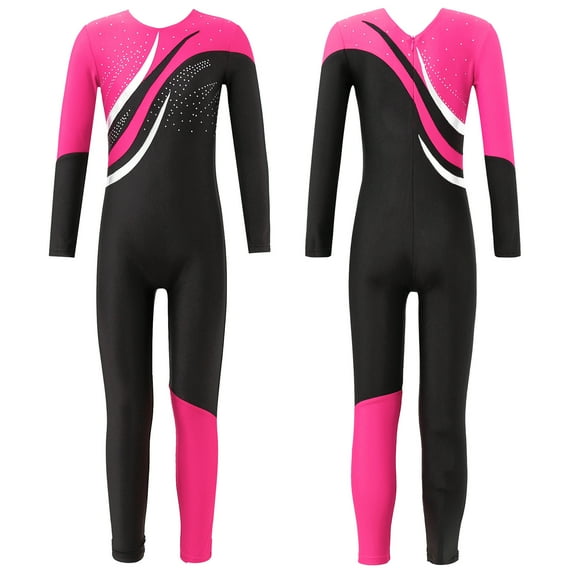 renvena Kids Girls Long Sleeve Gymnastics Leotard Full Body Unitard Skating Jumpsuit Bodysuit Dancewear Hot Pink 12