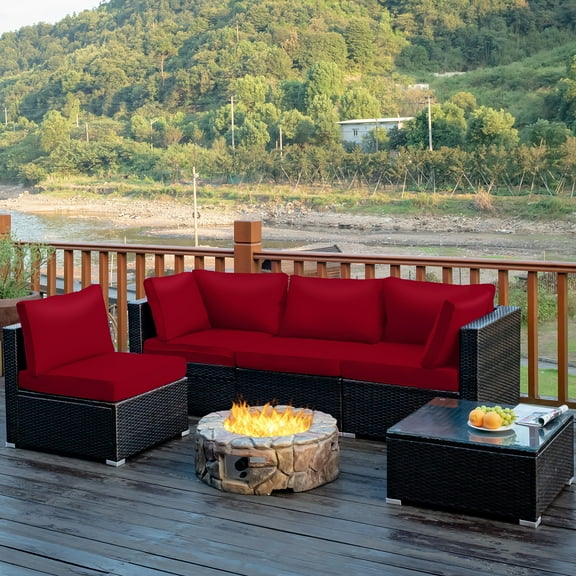 Costway  5PCS Patio Rattan Furniture Set Cushioned Sofa Chair Coffee Table Red