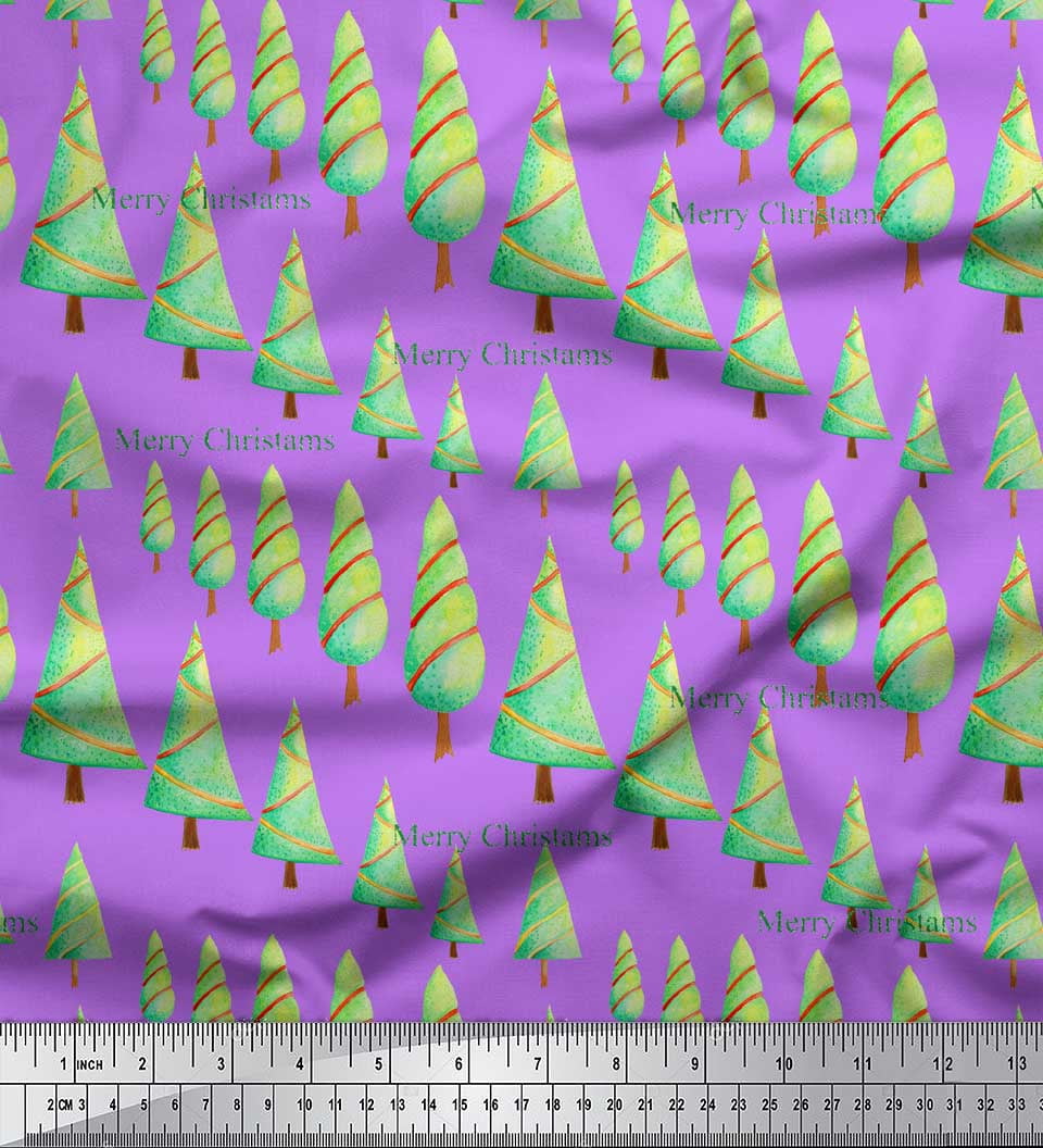 Soimoi Purple Heavy Satin Fabric Text & Christmas Tree Print Fabric by the Yard 54 Inch Wide