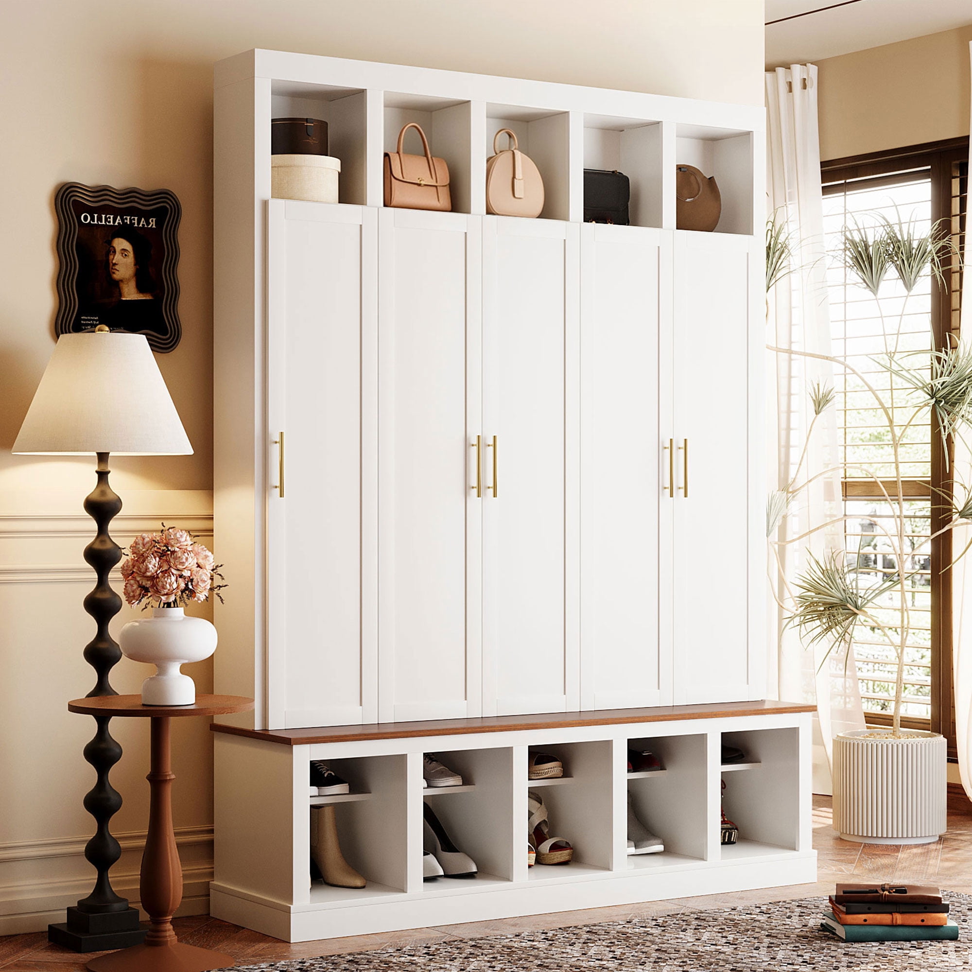 Mintazer 76” Tall Farmhouse Hall Tree with Shoe Rack Bench & Display Cubbies, Storage Cabinet with 3 Doors Closet for Entryway, Living Room, Bedroom, White