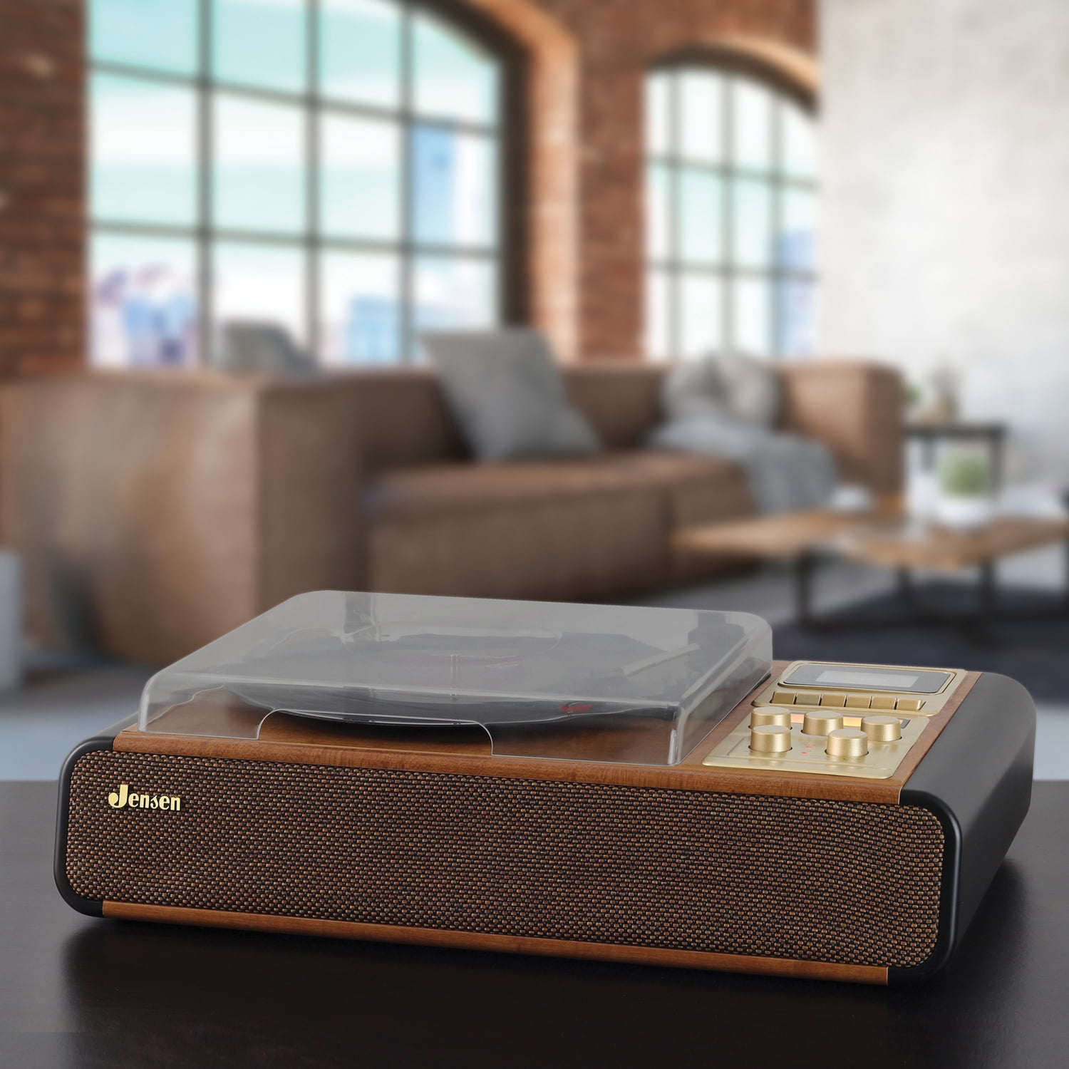 JENSEN 4-Watt 3-Speed Belt-Drive Manual Turntable with Built-in Speakers, Bluetooth, Cassette Player/Recorder, AM/FM, and 45-RPM Adapter