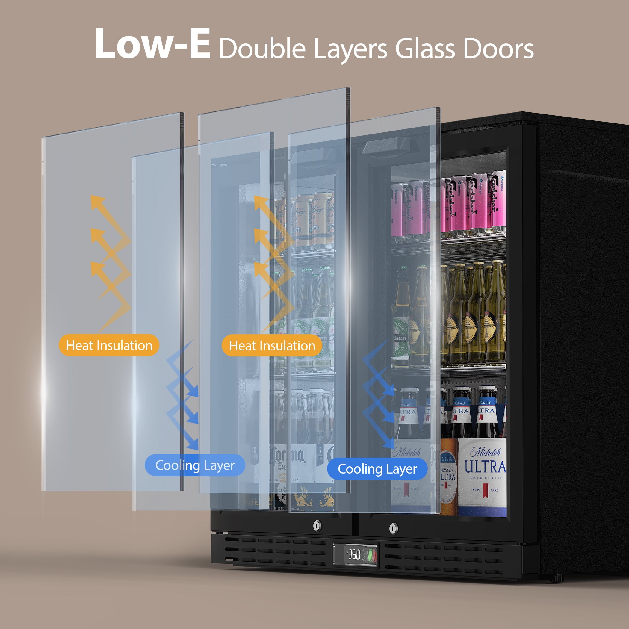 Coolake 36in 7.4 cu.ft Commercial Back Bar Cooler with 2 Glass Doors, Under Counter Beverage Refrigerator for Restaurant