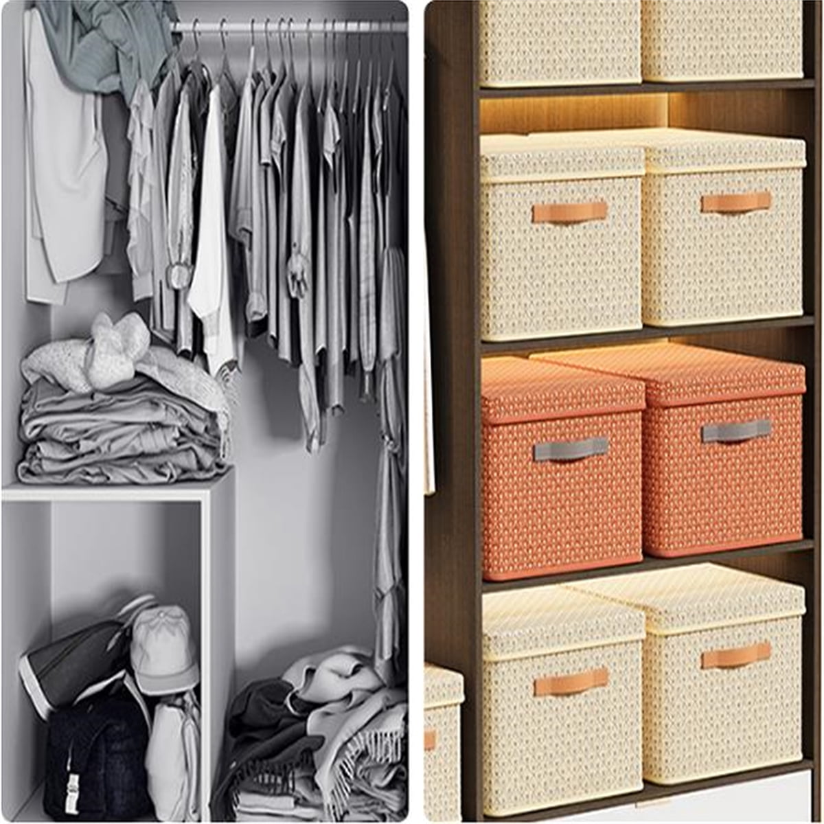 Clothing Storage Bins with Lid, Foldable Storage Baskets for Organizing Shelves Bedroom, Fabric Bins with Handles, Set of 2, Beige