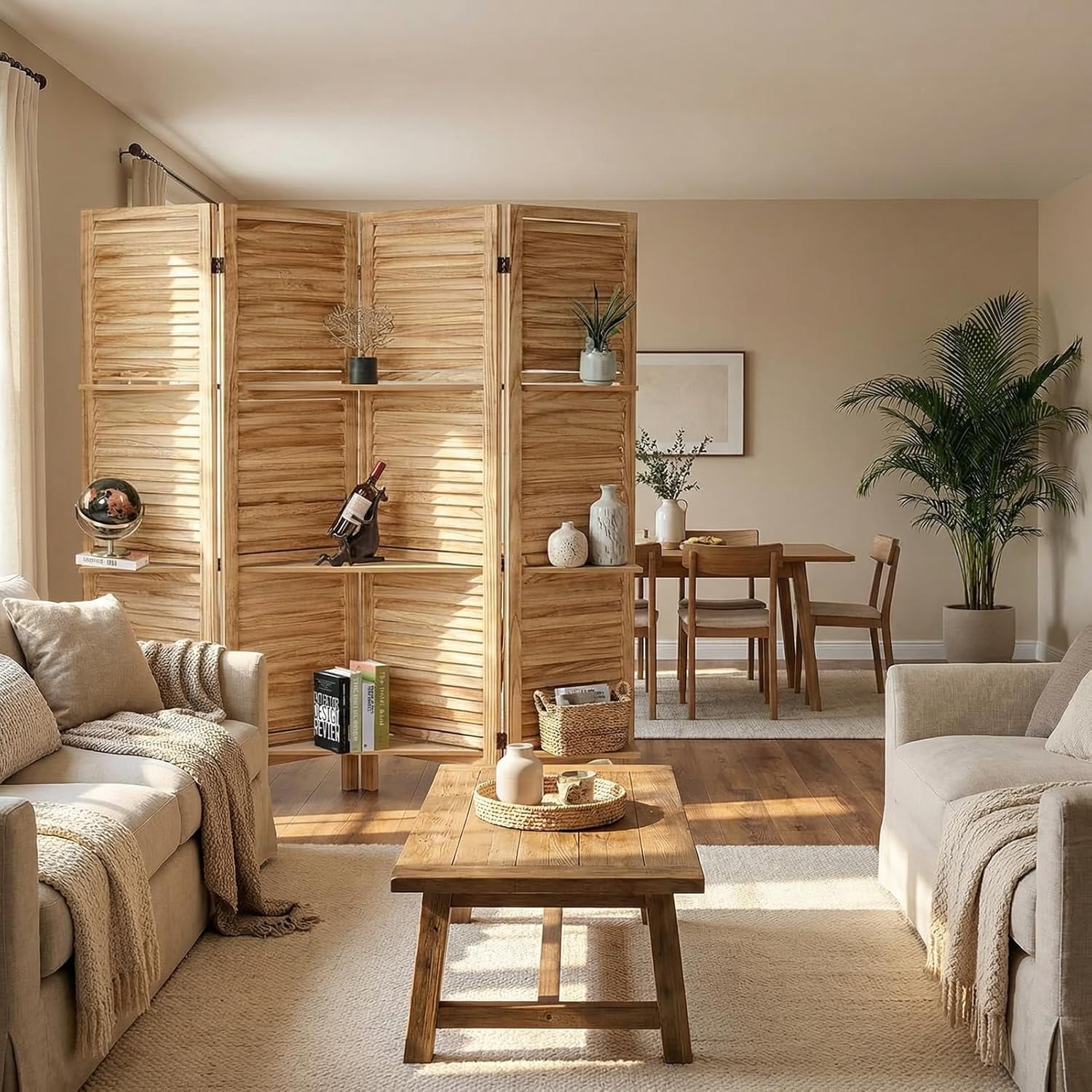 4 Panel Bamboo Room Divider with Shelves, Lightweight Privacy Screen for Bedroom Home Office, No Assembly Required