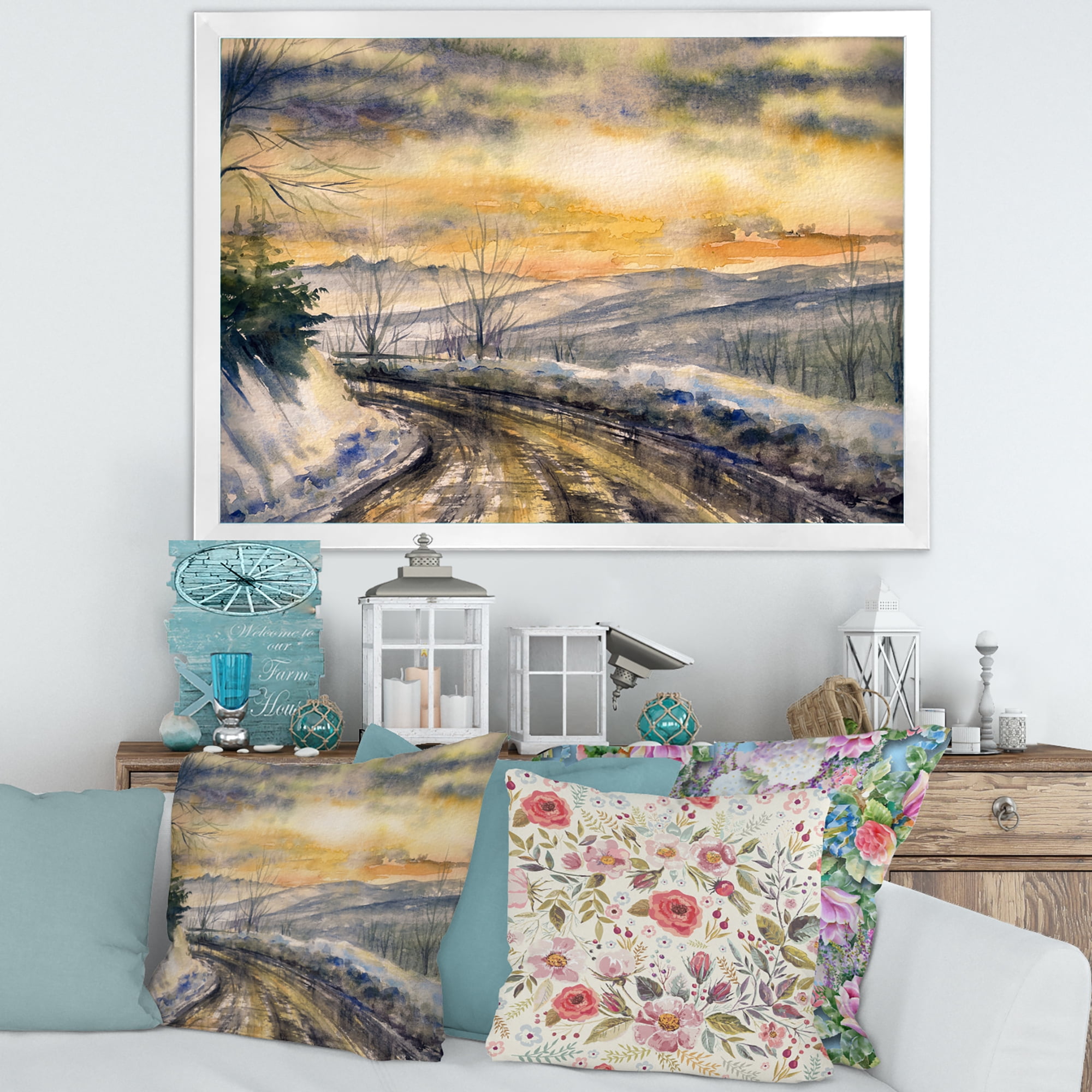 Designart 'Road Under Bright Sunset With Winter Landscape' Traditional Framed Art Print