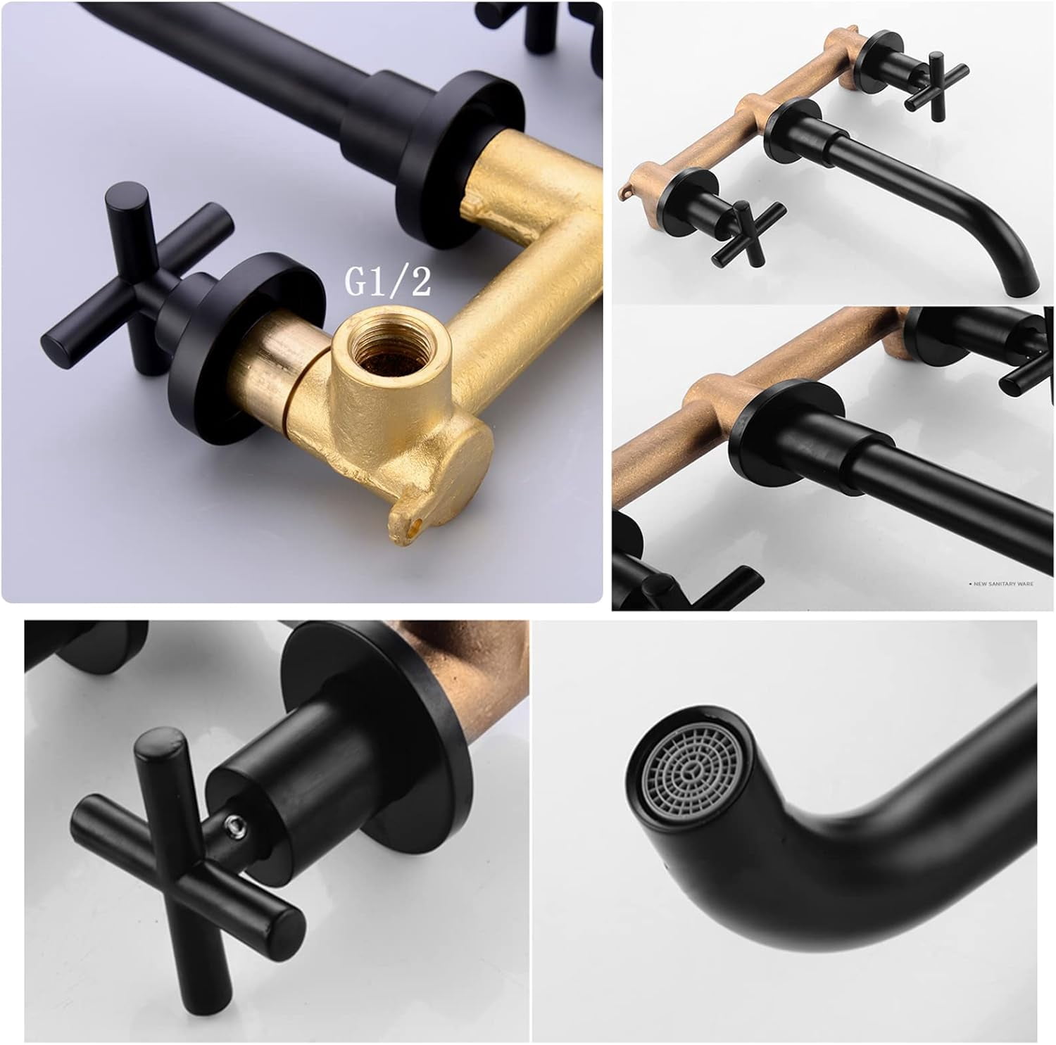 Wall Mounted Bathroom Sink Faucet, Solid Brass, 360 Swivel Spout Sink Faucet, Double Cross Handles, Wall Mount Bathroom Faucet, Black
