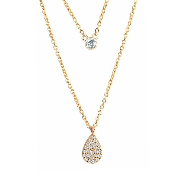 Collar Doble Cadena ZVEZDA con Dije en Forma de Gota Chapa de Oro Amarillo 18K y Circonias
