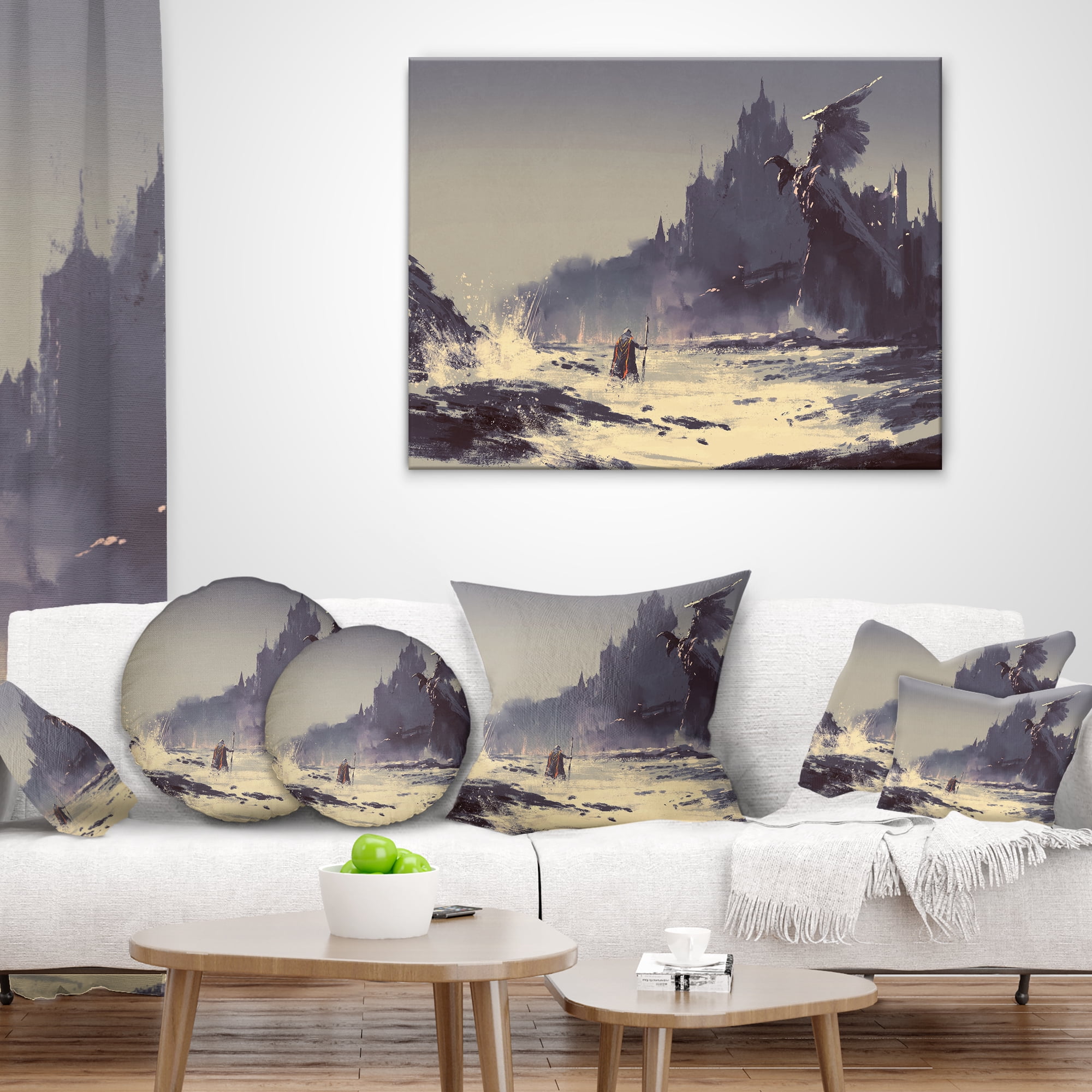 Designart Dark Fantasy Castle - Landscape Painting Throw Pillow - 16x16