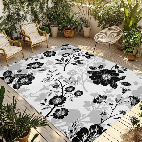 Fsddascl Vintage Flowers Outdoor Rug for Patio/Deck/Porch, Non-Slip Large Area Rug 5 x 8 Ft, Black White Farmhouse Floral Plants Indoor Outdoor Rugs Washable Area Rugs, Camping Rug Carpet Runner
