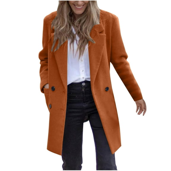 hotojiny Women's Double Breasted Coat Notch Lapel Thick Mid-Long Jacket Winter Casual Work Office Outwear with Pockets