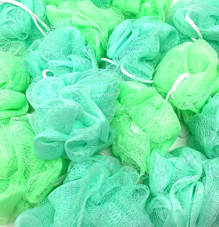24 GREEN Bath or Shower Sponge Loofahs Pouf Small Mesh Assorted Colors