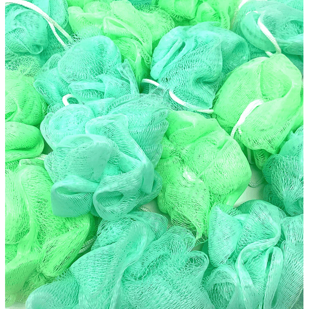 24 GREEN Bath or Shower Sponge Loofahs Pouf Small Mesh Assorted Colors