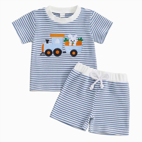 UngA Toddler Baby Boy Girl Easter Outfit Embroidery Striped Waffle Knit Short Sleeve T-Shirt Shorts Set Summer Clothes (Blue,2-3 Years)