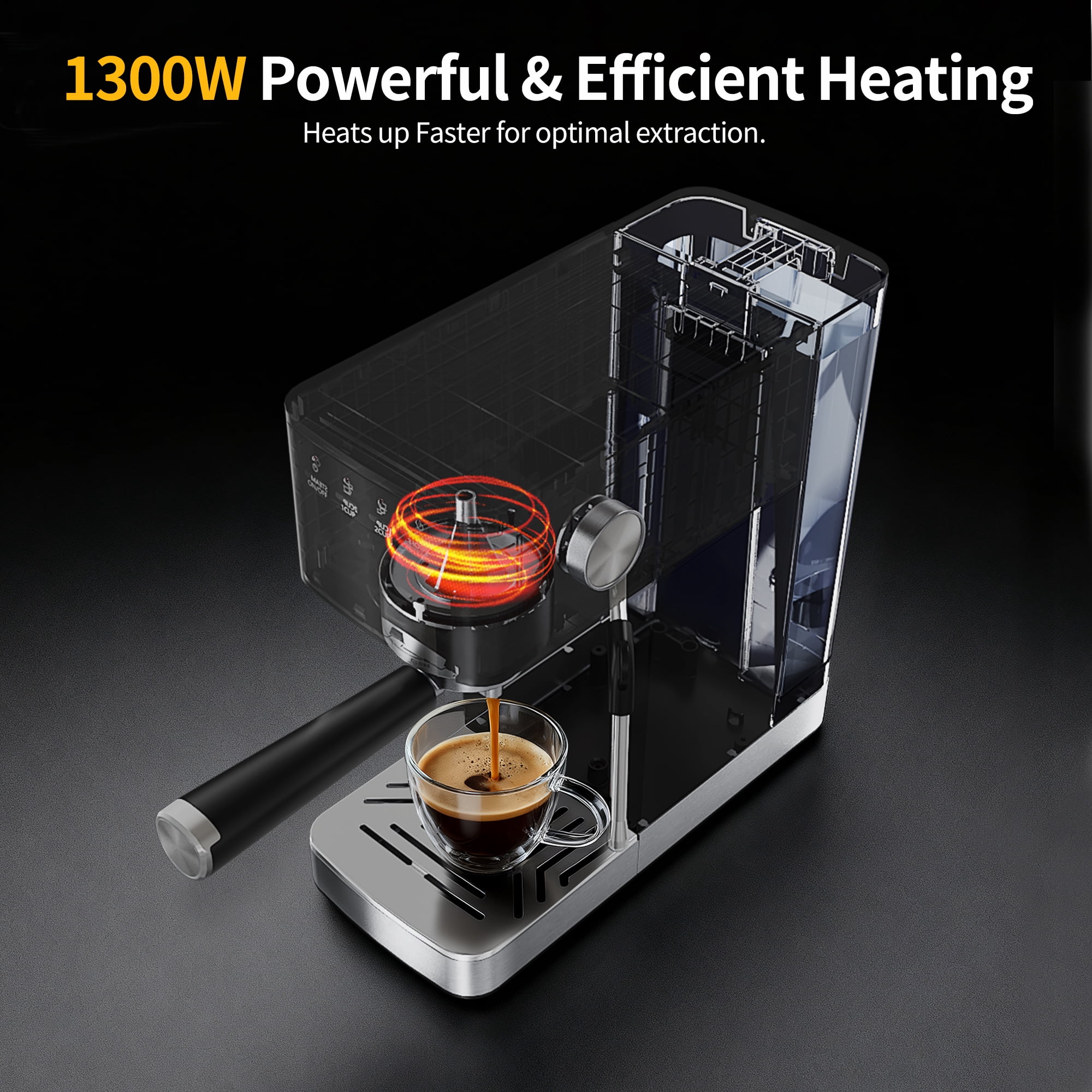 Espresso Machine 15 Bar, Milk Frother Steam Wand for Authentic Single & Double Espresso, Lattes & Cappuccinos with 47oz Removable Water Tank for Home Office Kitchen