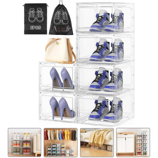 Zapatera Organizador 34x27x19cm - 6 Organizadores de Zapatos Apilable con Puerta Magnética, Cajas para Zapatos Transparentes + 6 Bolsas Portátiles, A Prueba de Polvo y Humedad
