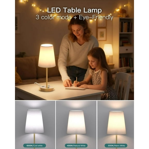 3-Way Dimmable Bedside Table  with AC Outlet and USB-C Charging Ports, LED Bulb Included for Bedroom, Living Room, Desk