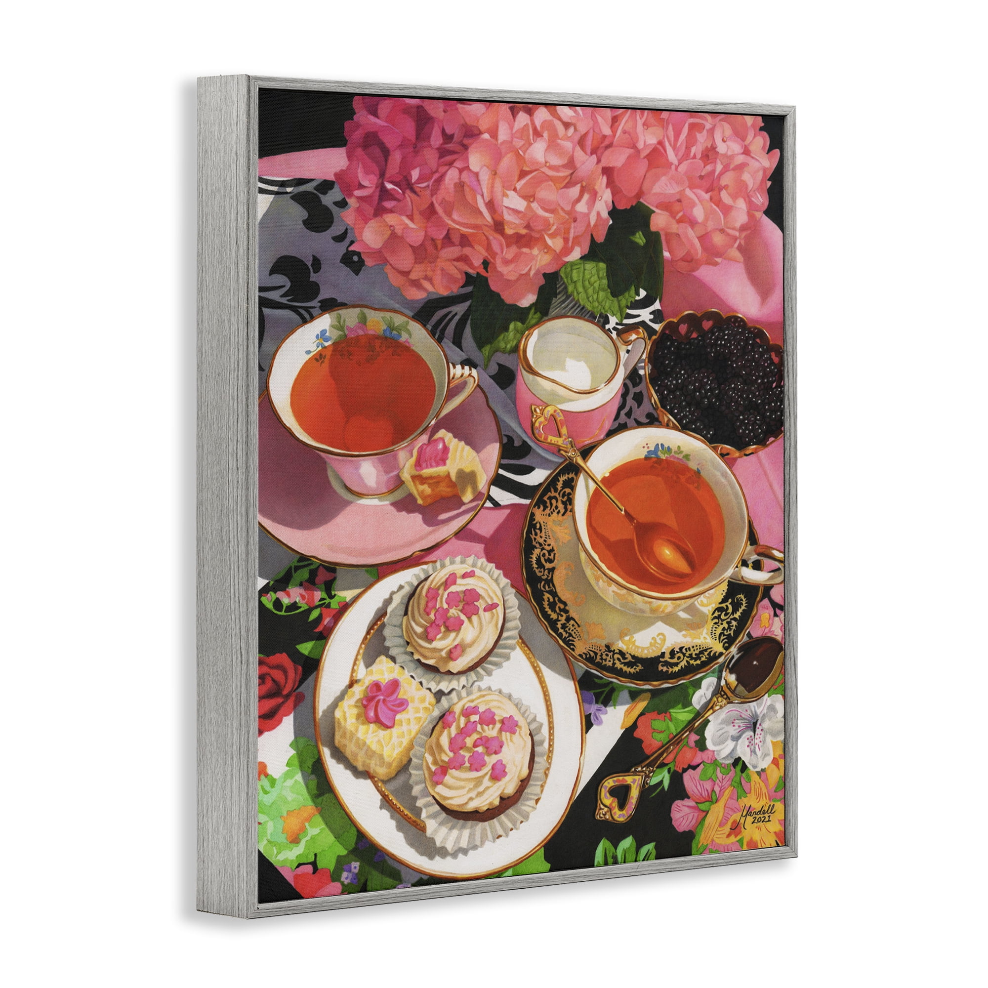 Stupell Industries Pink Hydrangea Tea Party Food & Beverage Painting Gray Framed Art Print Wall Art, 11 x 14