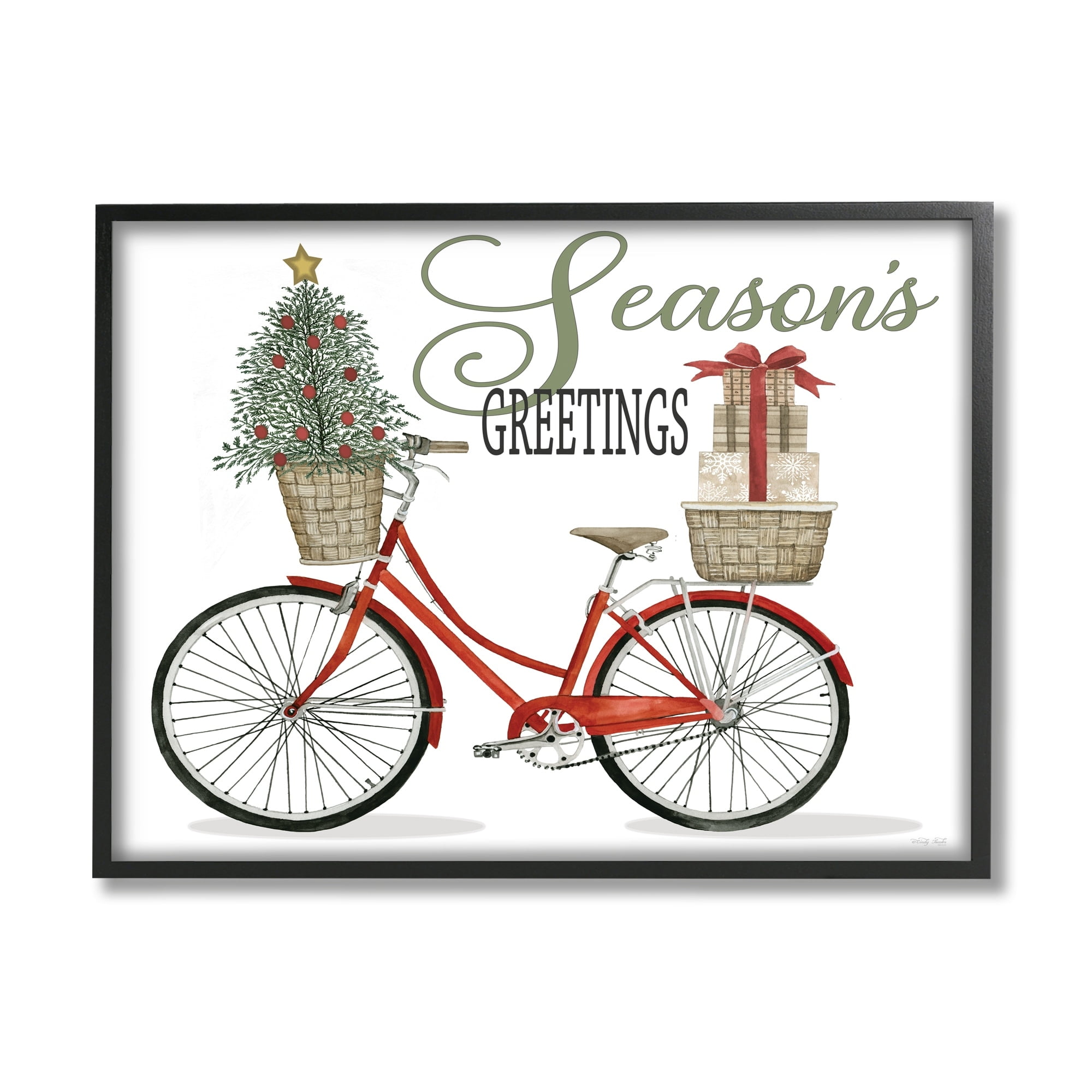 Season's Greetings Festive Holiday Bicycle Gifts Basket Inspirational Graphic Art Framed Art Print Wall Art