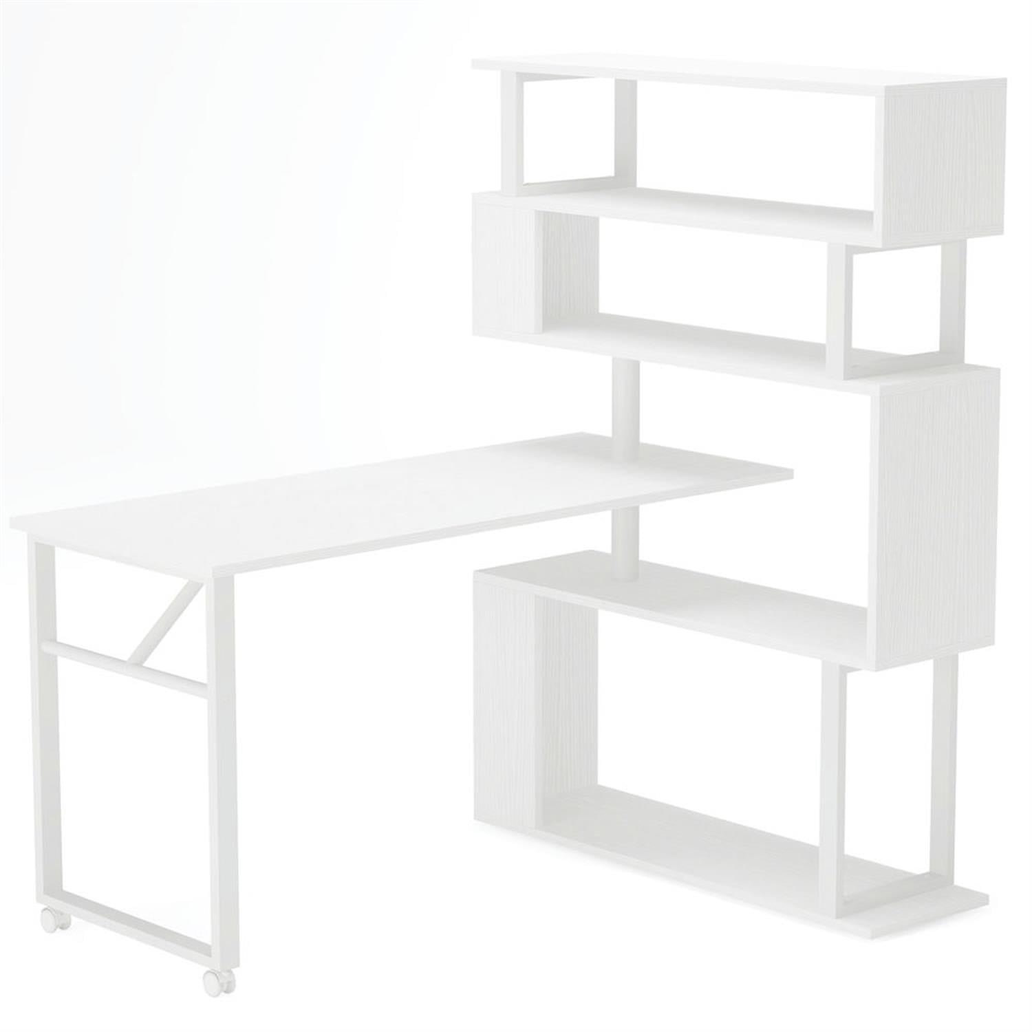 Demi Bonn 47" Rotating Computer Desk with 5-Tier Bookshelf and Wheels, Modern Reversible Study Writing Gaming Table for Home Office, White