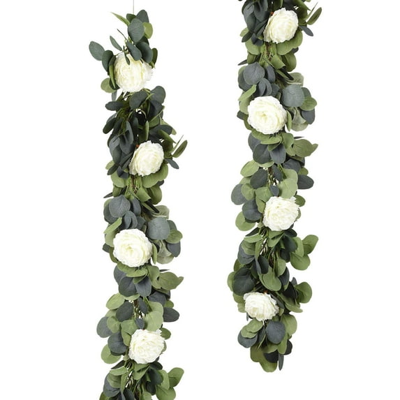 Coolmade 1pc 40inch Peony Eucalyptus Garland Greenery Garland Eucalyptus Leaves with Peony Flowers Heads Wedding Backdrop Wall Decor