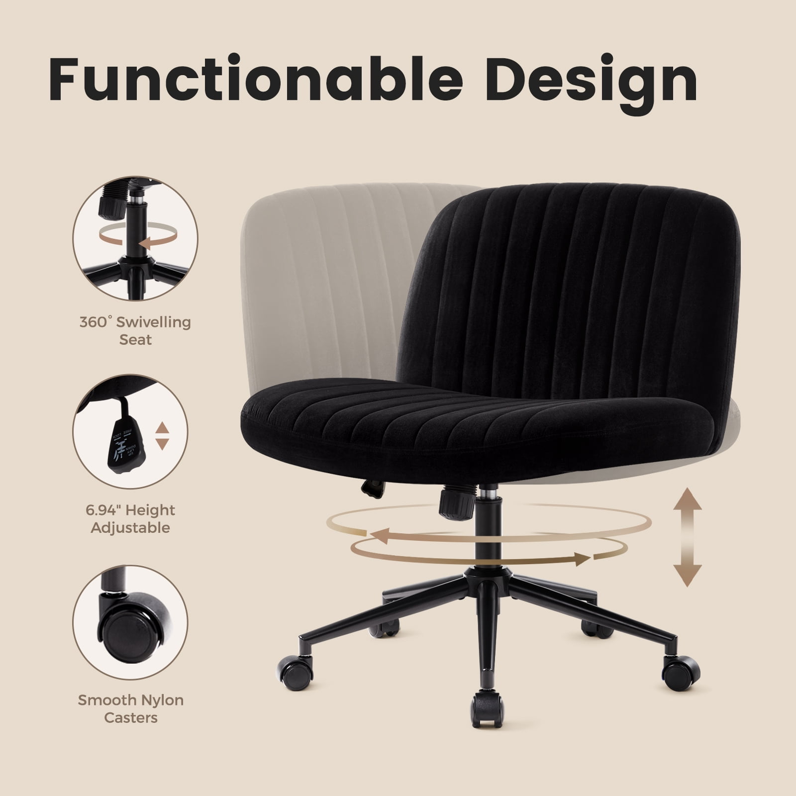 IWMH Ergonomic Armless Task Office Chair with Wheels, Cross Legged Wide Seat Desk Chair, Black Velvet Upholstered Swivel Vanity Chair, for All Ages
