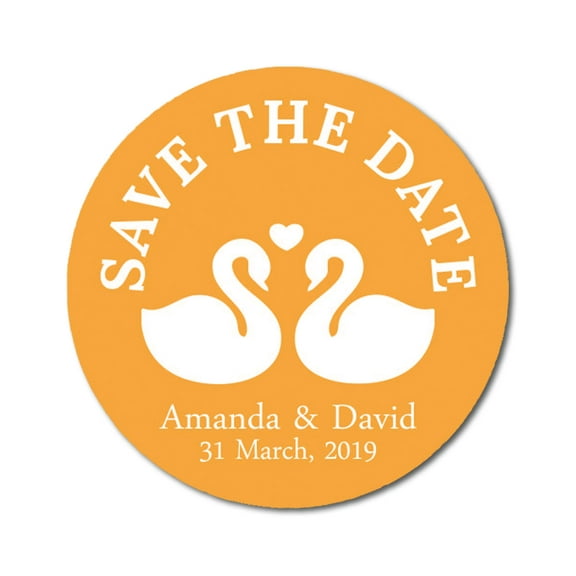 Darling Souvenir Round 45 Pcs Loving Swans Save The Date Stickers Personalized Bride Groom Names And Date Envelope Seals- Pale Orange