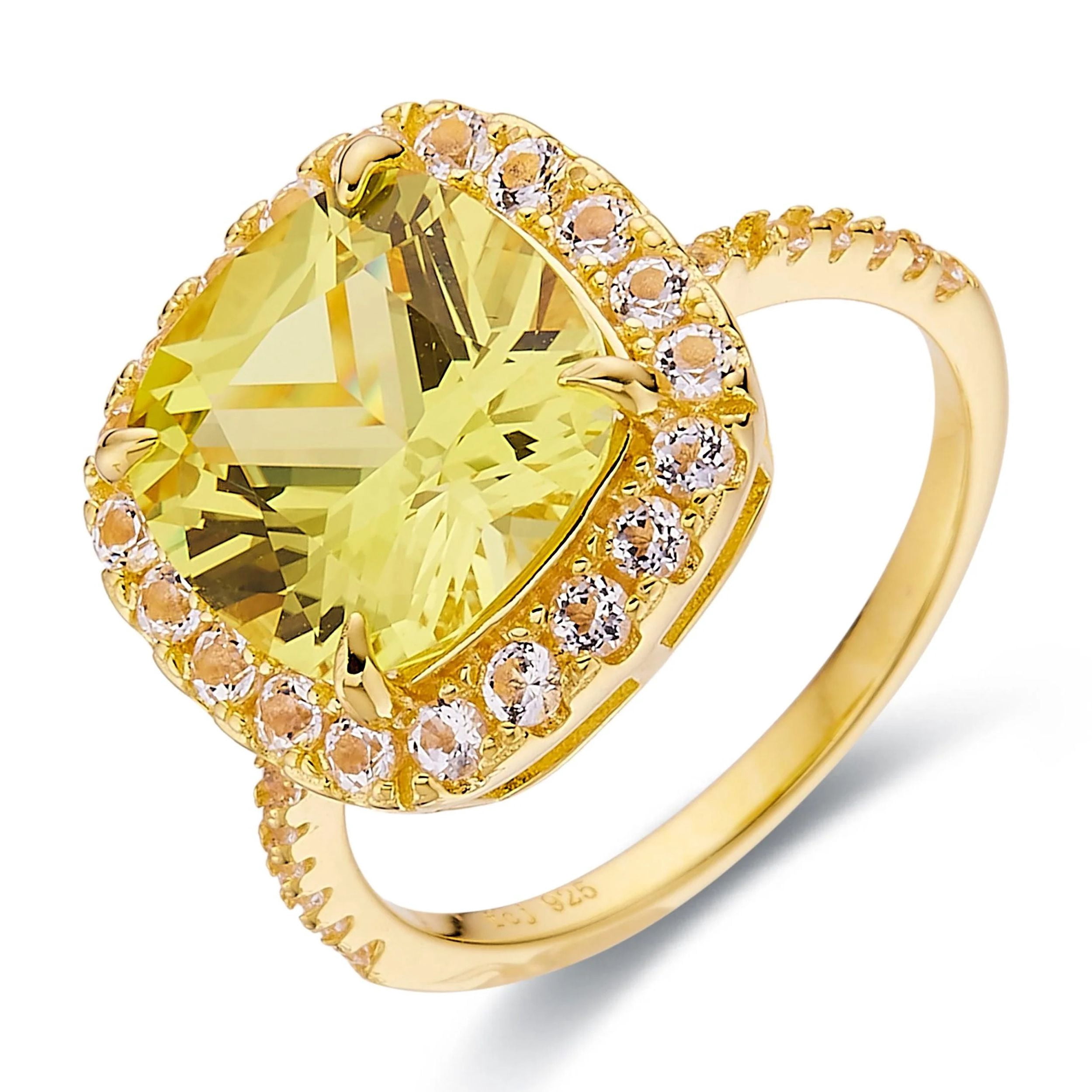 Fine Color Jewels Lab Grown Canary Yellow Sapphire Halo Ring 925 Sterling Silver 18K Yellow Gold Plated 4 Ct Cushion Cut  Women's