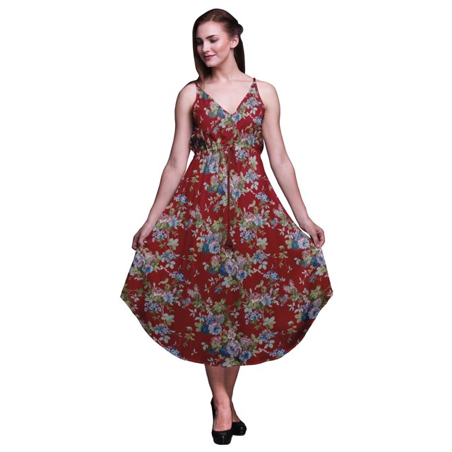 Bimba Floral Ladies Printed Resort Midi Drawstring Dress Spaghetti Strap Beach Wear-XX-Large