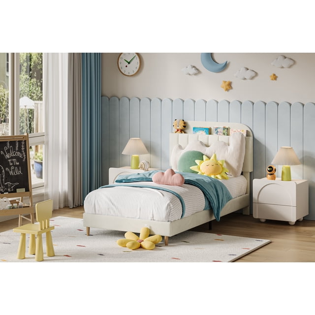 AKDSteel Velvet Platform Bed With Bookcase Storage Headboard, Upholstered Frame For Kids And Girls, Quiet Wood Slats And Metal Legs