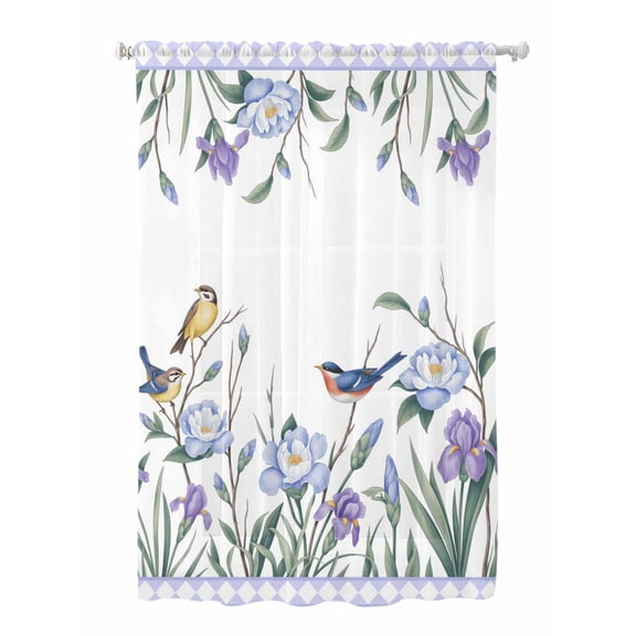 Sheer Curtains 63 Inch Length, Spring Flowers Semi Sheer Curtains Light Filtering Window Treatment, Vintage Blue Floral Leaves Birds Rustic Plants Privacy Voile Drapes for Living Room 52x63 Inch