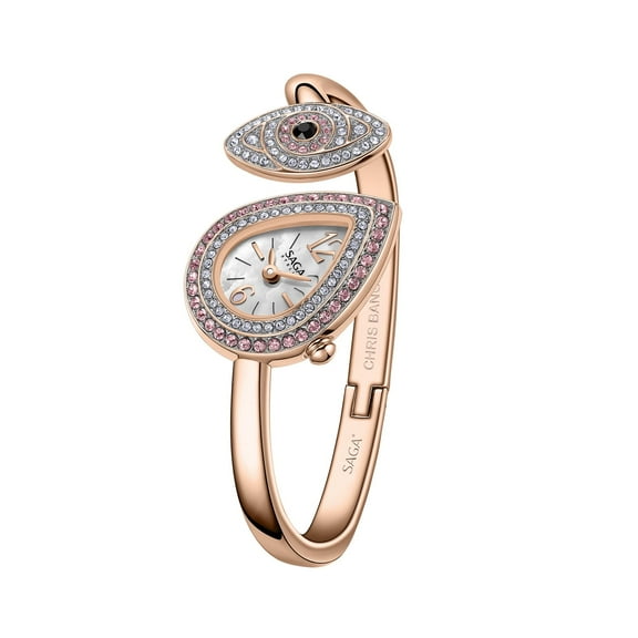 SAGA Angel's Eye Women's Luxury Cuff Bracelet Watch, Swiss Ronda Quartz Movement, Teardrop-Shaped Dial, 30M Water Resistant, 316L Stainless Steel Bracelet with 129 Danube Crystals