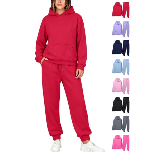Xaqiouau Women's Hoodie and Sweatpants Set Fleece Pullover Tracksuit Drawstring Hooded Top Elastic Waist Joggers Casual Sportswear Fall Winter Lounge Outfit Red M