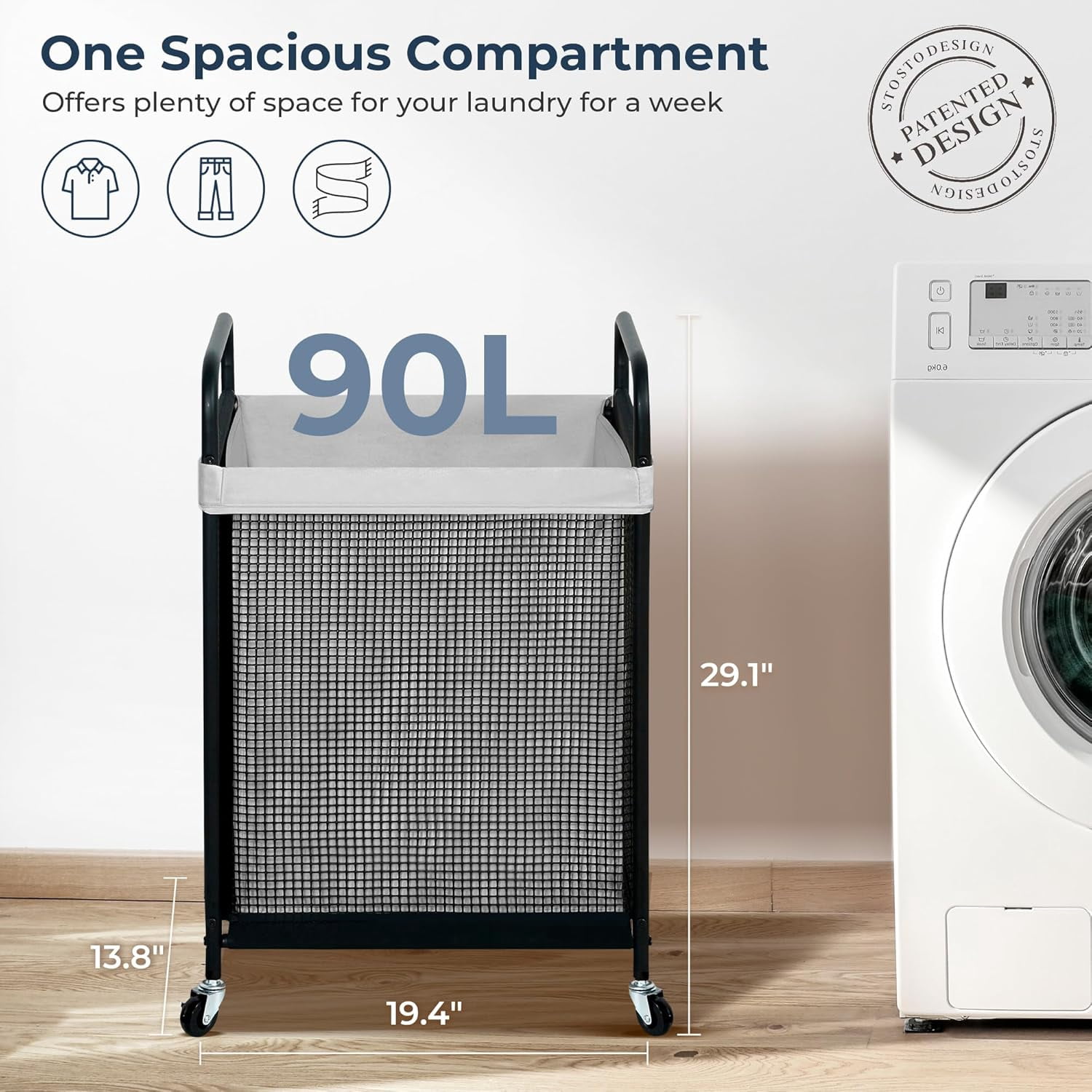 Laundry Hamper, 90L Rolling Laundry Sorter Cart with Removable and Washable Liner Bag, Clothes Hamper with Wheels and Metal Handle for Laundry Room and Bedroom, Gray
