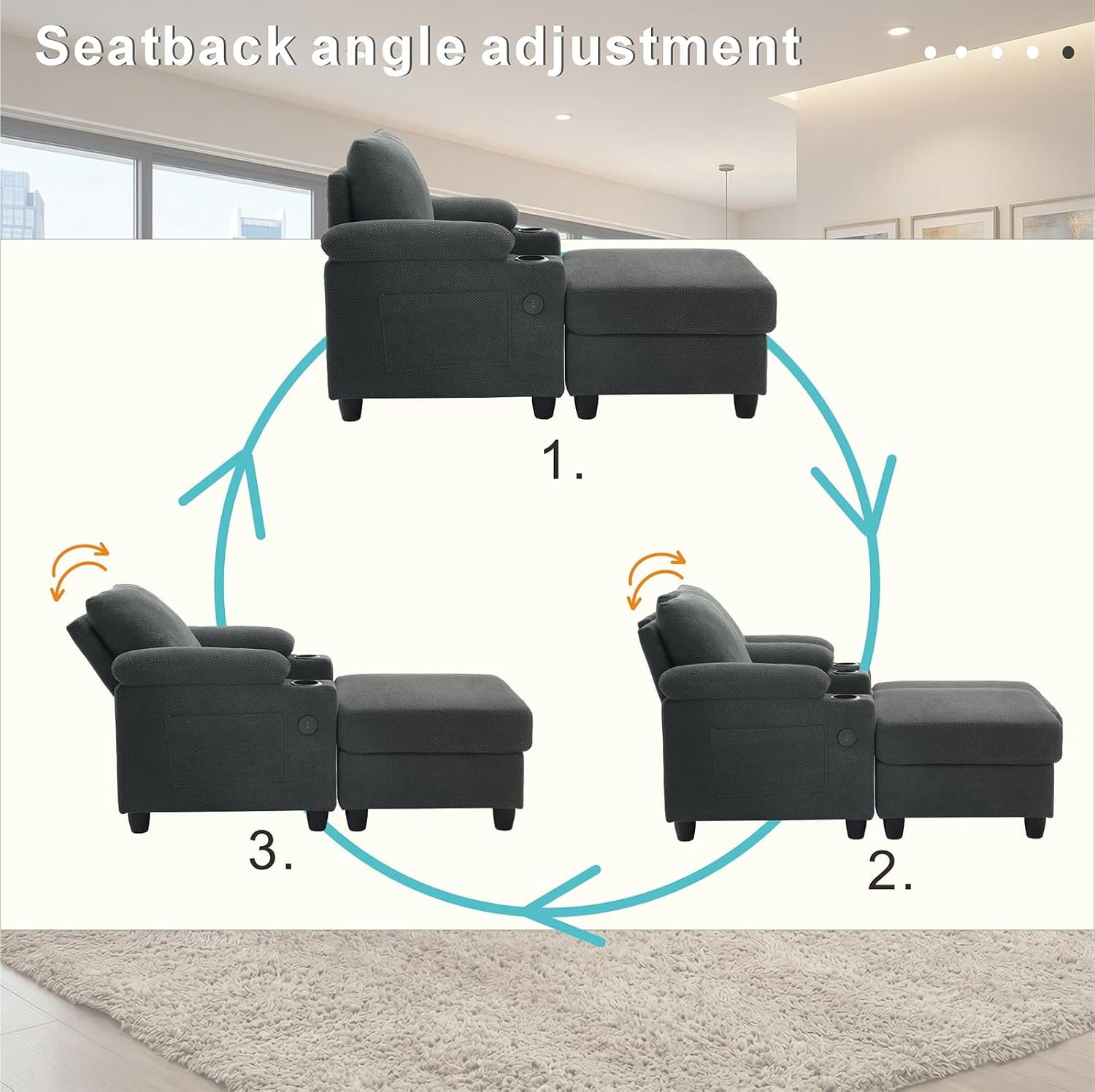 MOONMISS Chaise Lounge Chair Indoor, Convertible Recliner Reading Sofa Chair, Coffee | Cup Holders, USB Port, Adjustable Backrest, Storage Ottoman for Living Room,Home Theater & Bedroom,Dark Gray