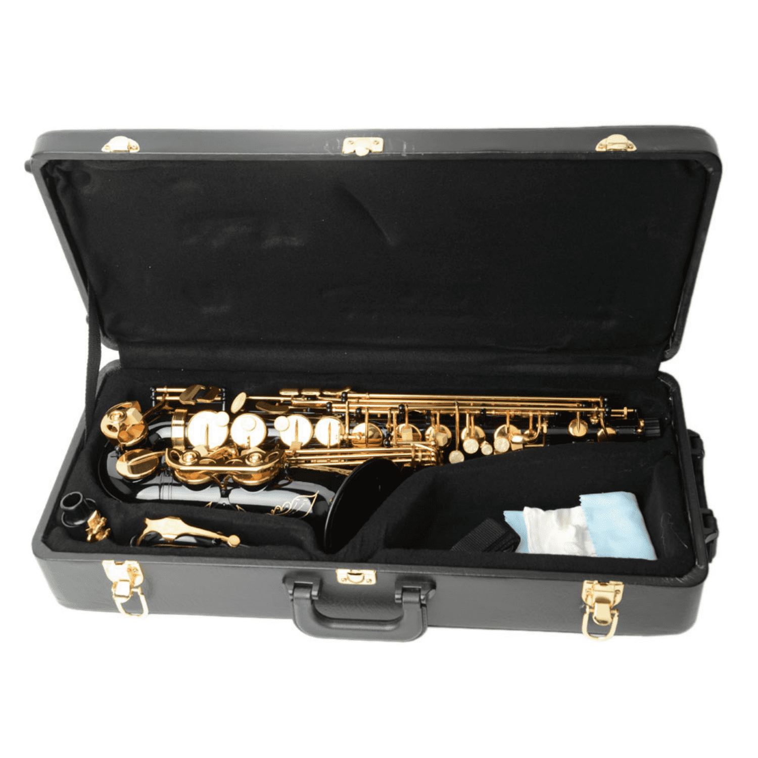 Hassch Brass Eb Saxophone with Box and Strap, Sax with Lubricants, Gloves, Cleaning Cloth and Cleaning Brush for Beginners, Black