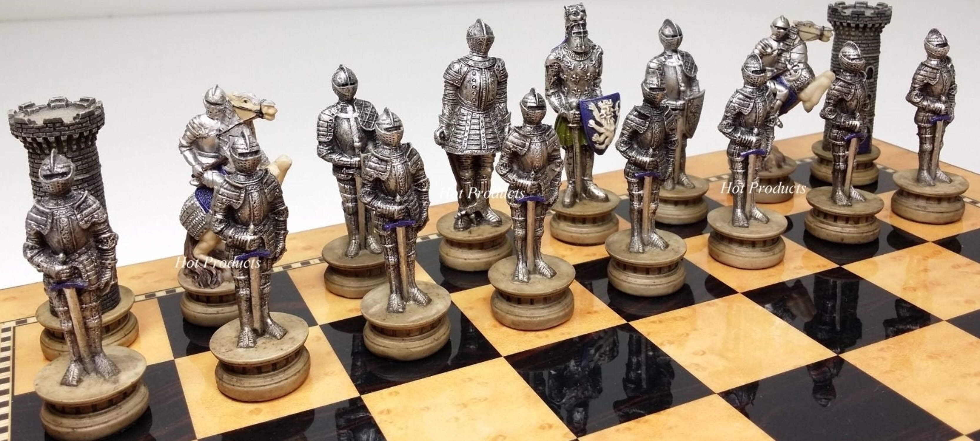 Medieval Times Crusades Warrior Knight Chess Set 15" Walnut  Maple Color Board