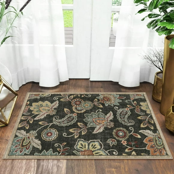 Alfombra Morebes 61 x 91 cm, antideslizante, estampado floral, cachemir, marrón y negro