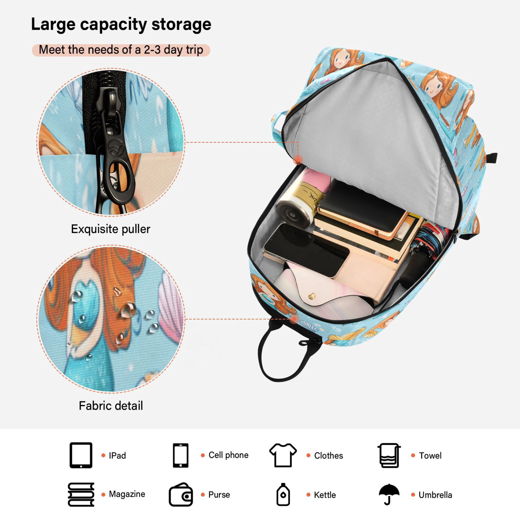 2 Racquet Holder Tennis Backpack Tennis Racket Covers Gym Bags Little Mermaids and Seashells