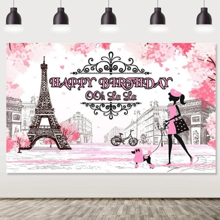 Image of Pink Paris Birthday Backdrop for Girls Ooh La La Floral French Parisian Tea Party Background Eiffel Tower Table Cake Party Decor