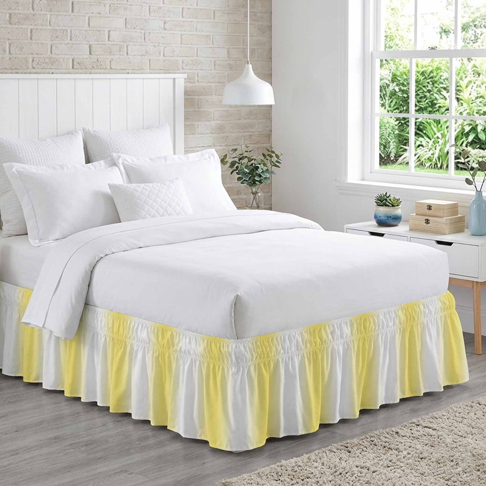 Lemon Yellow White Bed Skirt Queen Size, Gradient Vertical Stripes Geometric Wrap Around Bed Skirting with Adjustable Elastic Strap, Dust Ruffle Pleated Bedskirts 16 Inch Drop for Bedroom Queen Beds