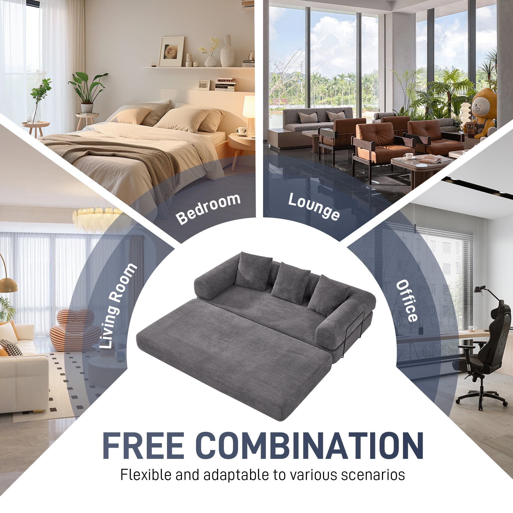 Wiilayok 78.5" Convertible Sofa Bed,Modular Corduroy Futon Sofa Couch with Pillow, 3 Seater Sofa for Living Room, Bedroom,Gray