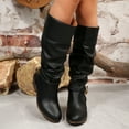 thumbnail image 5 of Slouchy Long Fall Boots for Women Retro Leather Chunky Heel Pull on Mid Calf Boots with Strappy Decor, 5 of 9