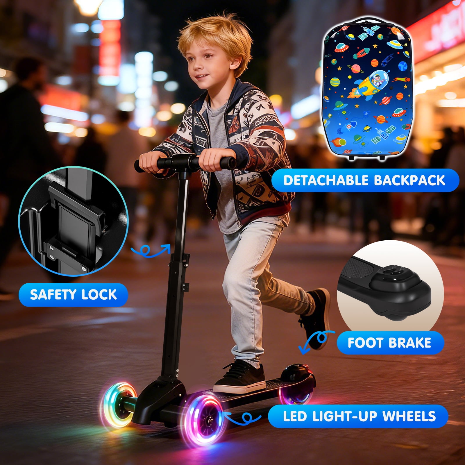 Advwin Kids Scooter Luggage with LED Wheels, 4-in-1 Detachable Foldable Ride-On Suitcase, Space-Themed Hardside Carry-On Travel Luggage, Convertible Backpack, Blue