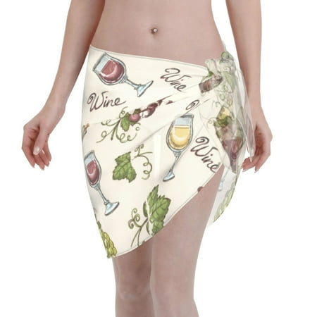 Adobk Women Beach Sarong Bathing Suit Grapes Bbottles Wine Print Wrap Skirt Sheer Bikini Swimsuit Cover Ups For Swimwear