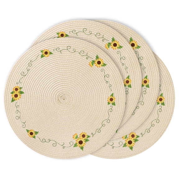 BVIEAKD 4-Piece Sunflower Embroidered Woven Placemats - Beige Round Straw Mats for Dining Table, Summer Outdoor Picnics, Garden Parties & Kitchen Decor