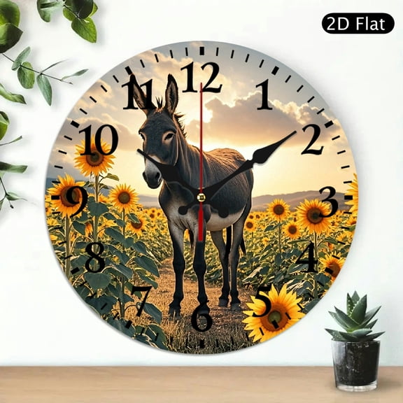 Decorative Wall Clock with Donkey in Sunflower Field Design, Round 10x10 Inch, Silent Analog Hanging Clock for Home Decor, 1pc, Battery Not Included