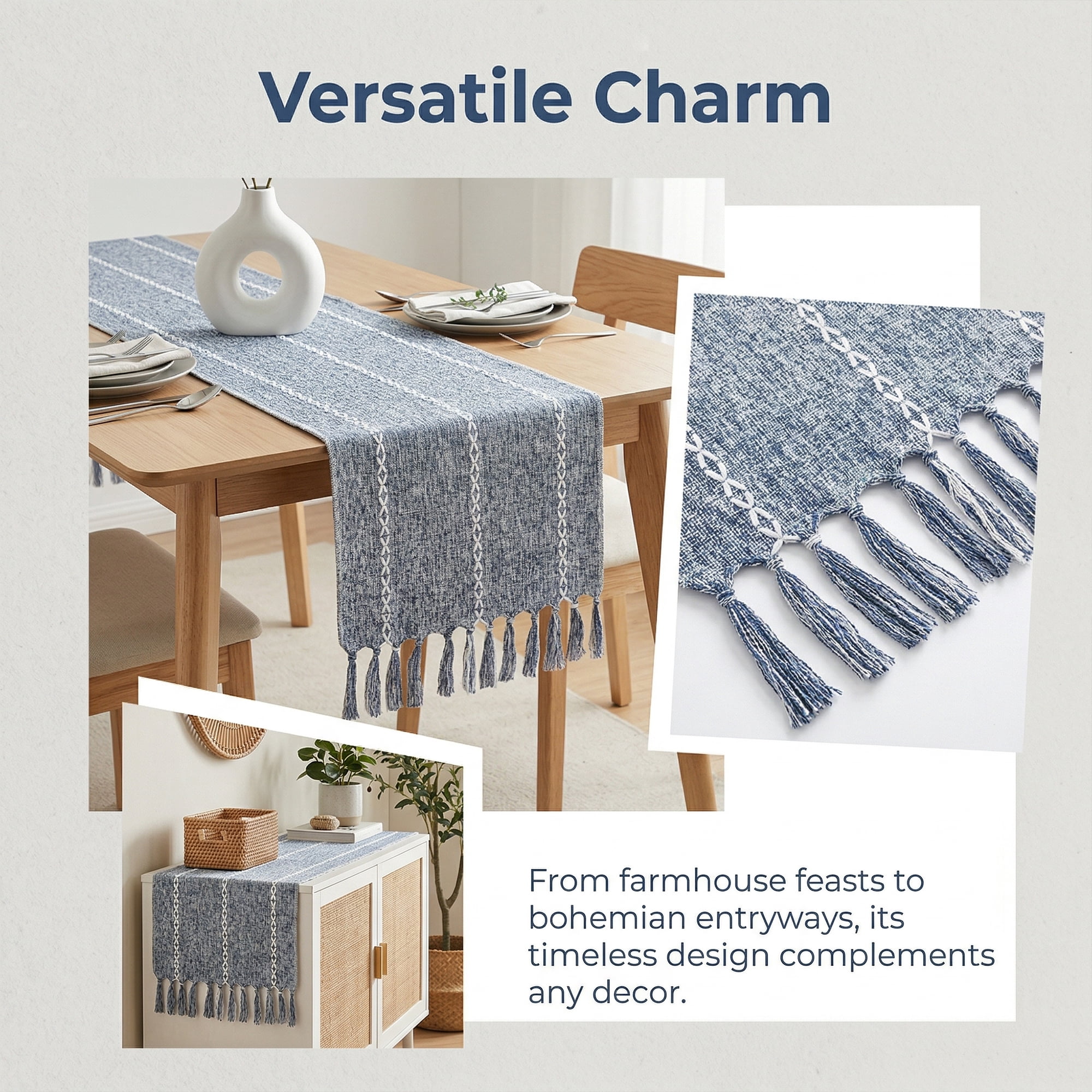 Unique Bargains Washable Polyester Kitchen Runner with Tassel for Dining Blue 13"x72"