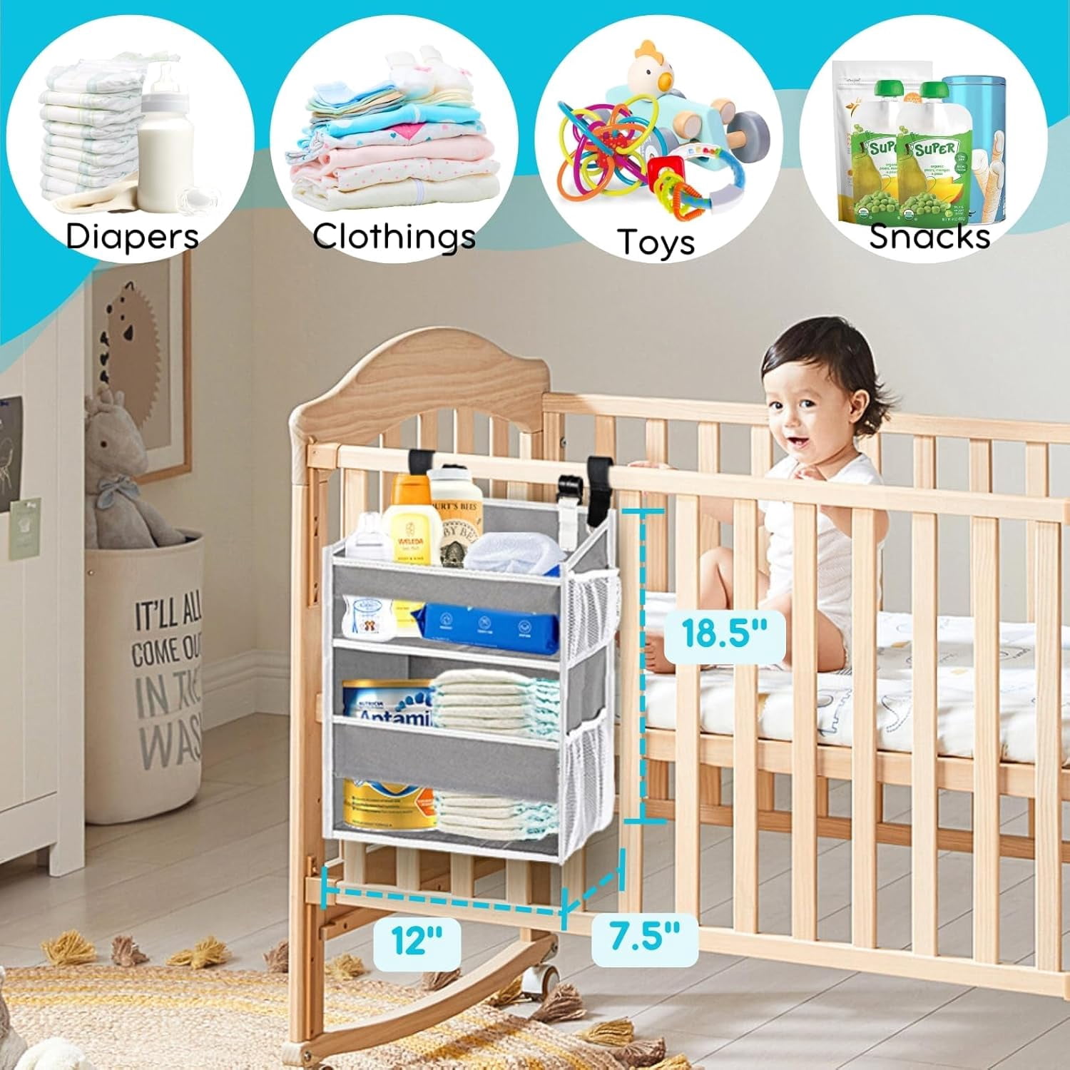 Hanging Diaper Organizer for Changing Table, Durable 2-Tier Nursery Storage Organizer with Mesh Pockets, Fits Crib, Playard, Wall or Car, Light Gray